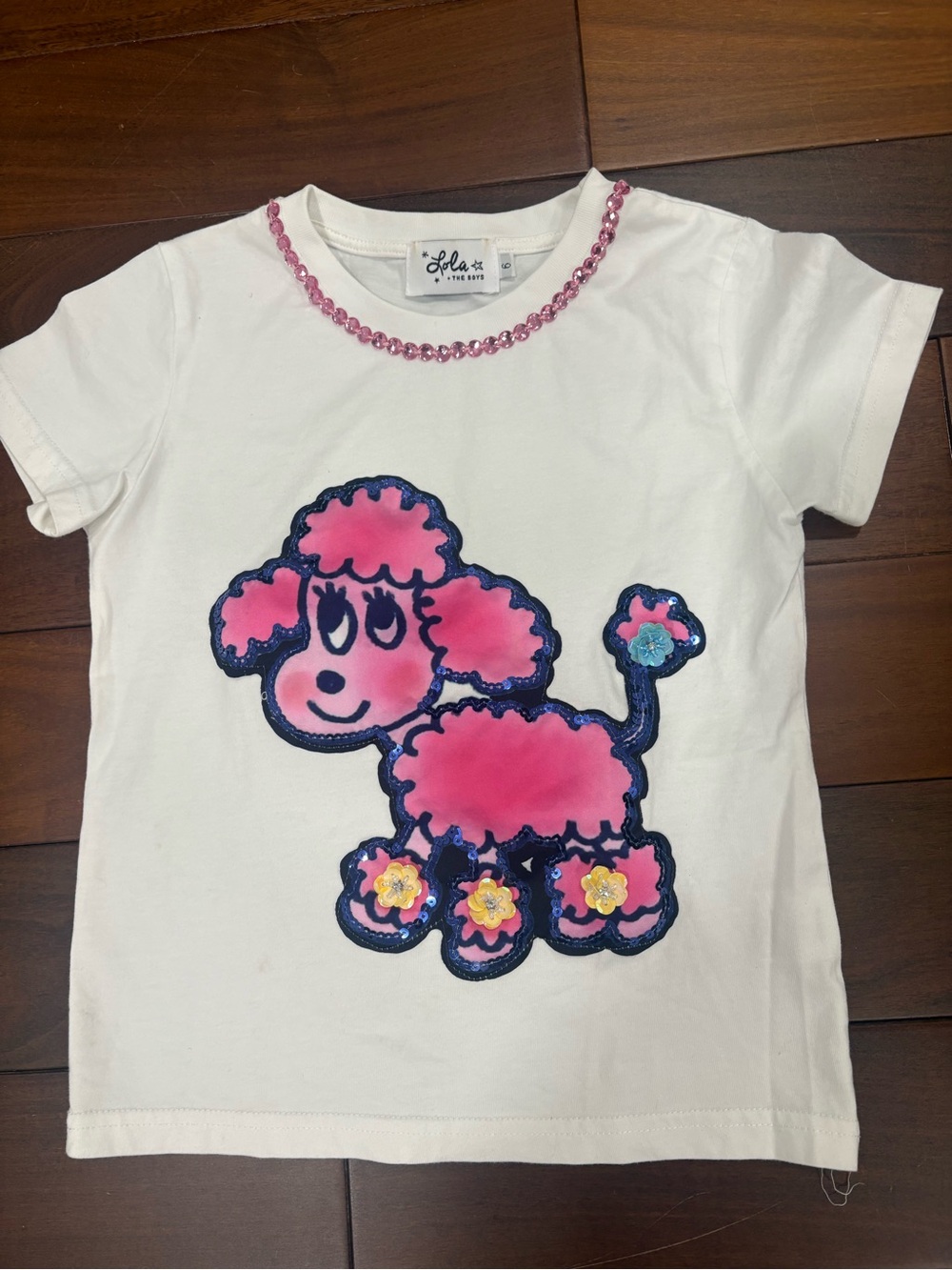 lola White Tee with Pink Poodle and Navy Outline